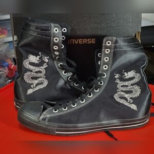 Vintage Satin Black Silver Stitched Dragon Extra High Top Chucks Mens 11 1K407